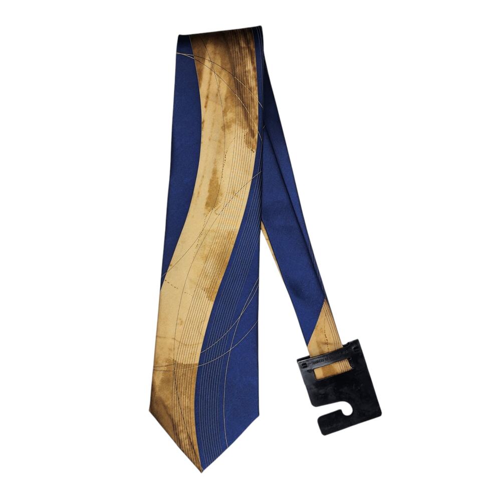 Puritan Silk Men's Tie Blue Gold Stain Resistant Geometric Wave Pattern Necktie